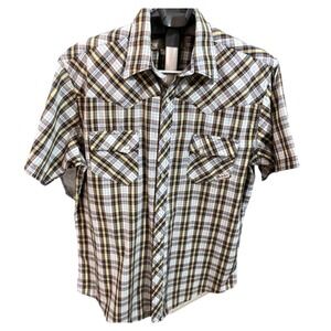 Wrangler Men's Size Large Blue Plaid Wrancher Pearl Snap Short Sleeve Shirt